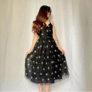 NALEN Black Tulle Midi Dress Size M Embroidered Gold Stars Witchy Fairy Goth